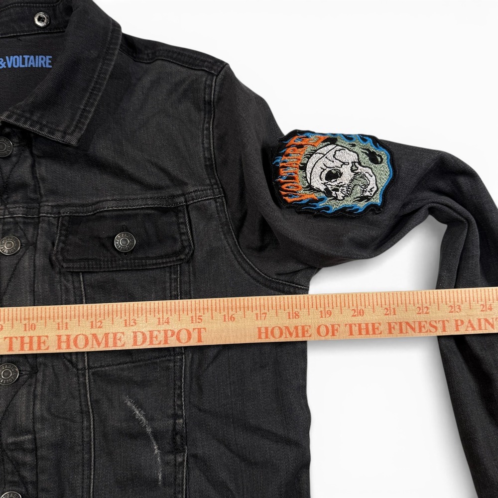 Zadig & Voltaire Noah Faded Black Denim Trucker Jacket Skull Patch Womens 14-S - Picture 7 of 15